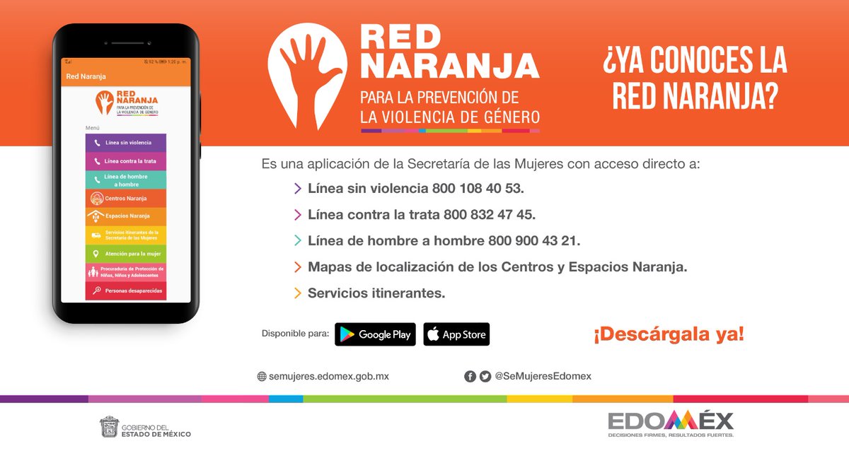 ALMAZANFRANCISC's tweet photo. Descarga la App #RedNaranja para 📱, una iniciativa del #Edoméx, para incorporar a la ciudadanía🙋‍♀️, prevención y atención de las violencias contra las mujeres 🧡 .
@SeMujeresEdomex https://t.co/0G7m0SXotJ
