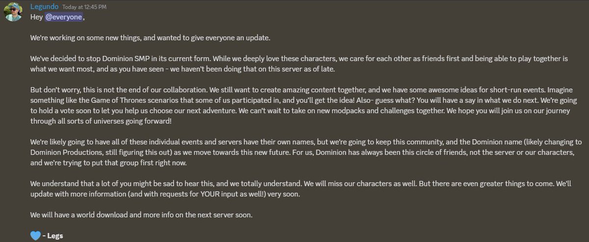 DominionSmp's tweet photo. An important update regarding the future of our server:

Join the discord for more announcements as we start on new projects:
https://t.co/T5DwOhwvn2 https://t.co/IO6ItKy60k