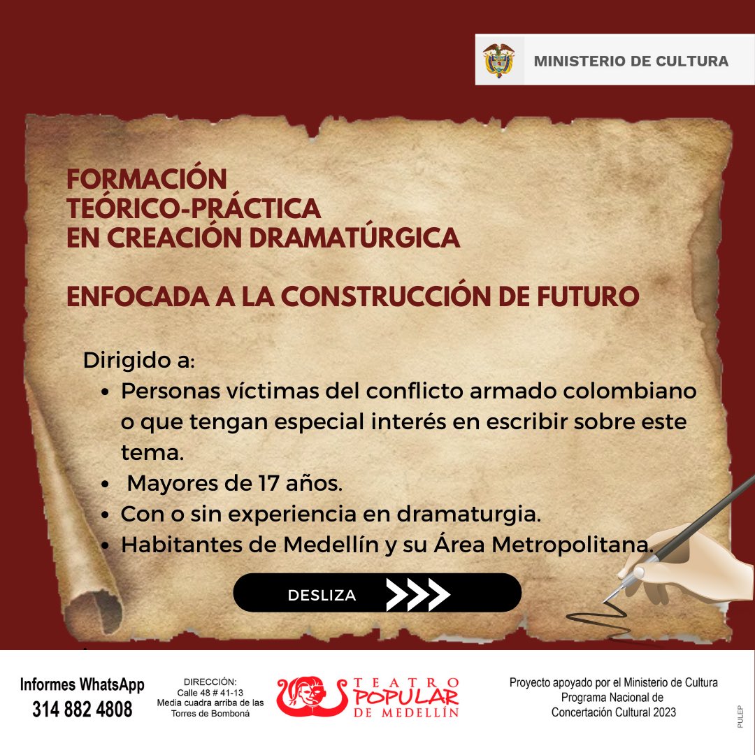 TeatroPopularM's tweet photo. CONVOCATORIA    
TALLER TEÓRICO – PRÁCTICO 
DRAMATURGIA ENFOCADA A LA CONSTRUCCIÓN DE FUTURO
Registro de datos completos, a partir del 15 de marzo de 2023, en el siguiente enlace: https://t.co/9ns3M9jbkH
Publicación resultados:     abril 10 de 2023 https://t.co/kPz0yVckLk