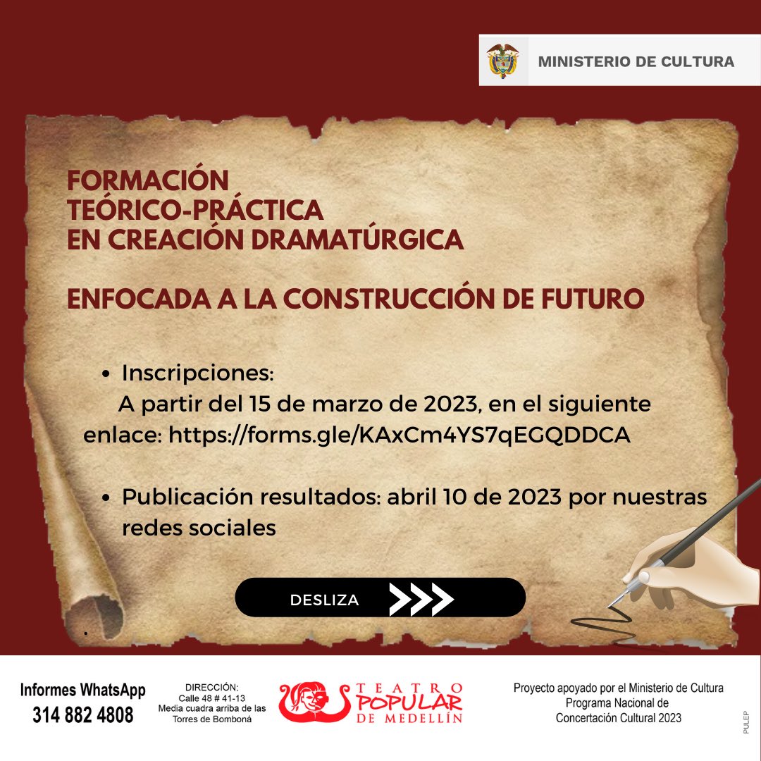 TeatroPopularM's tweet photo. CONVOCATORIA    
TALLER TEÓRICO – PRÁCTICO 
DRAMATURGIA ENFOCADA A LA CONSTRUCCIÓN DE FUTURO
Registro de datos completos, a partir del 15 de marzo de 2023, en el siguiente enlace: https://t.co/9ns3M9jbkH
Publicación resultados:     abril 10 de 2023 https://t.co/kPz0yVckLk