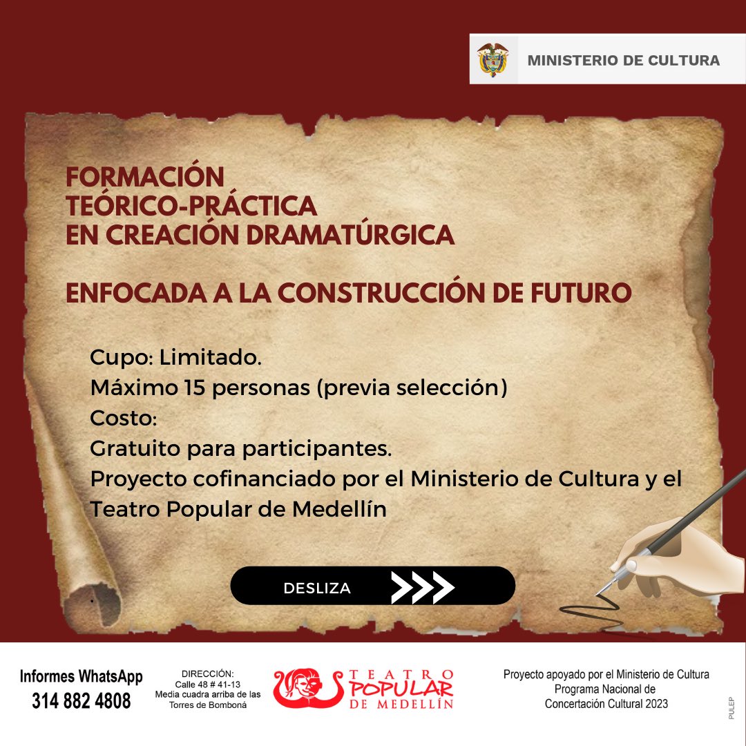 TeatroPopularM's tweet photo. CONVOCATORIA    
TALLER TEÓRICO – PRÁCTICO 
DRAMATURGIA ENFOCADA A LA CONSTRUCCIÓN DE FUTURO
Registro de datos completos, a partir del 15 de marzo de 2023, en el siguiente enlace: https://t.co/9ns3M9jbkH
Publicación resultados:     abril 10 de 2023 https://t.co/kPz0yVckLk