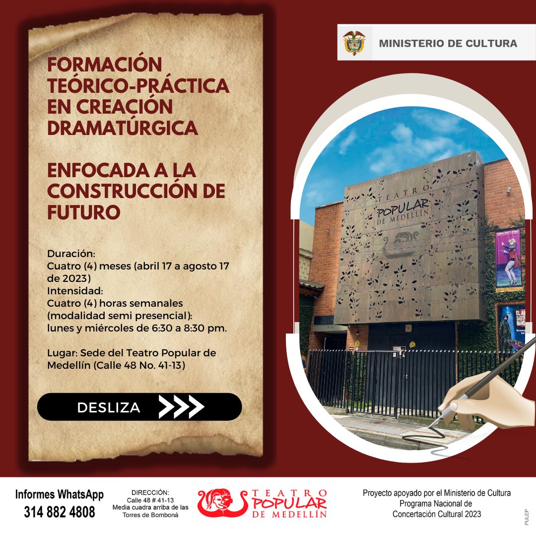 TeatroPopularM's tweet photo. CONVOCATORIA    
TALLER TEÓRICO – PRÁCTICO 
DRAMATURGIA ENFOCADA A LA CONSTRUCCIÓN DE FUTURO
Registro de datos completos, a partir del 15 de marzo de 2023, en el siguiente enlace: https://t.co/9ns3M9jbkH
Publicación resultados:     abril 10 de 2023 https://t.co/kPz0yVckLk