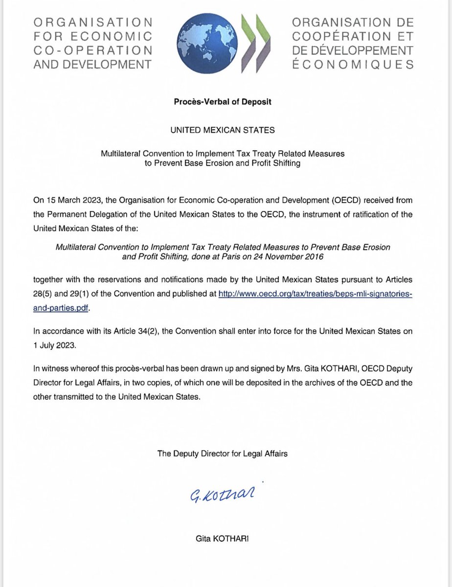 DelegamexOCDE's tweet photo. 📢Emb @sybelg deposits @GobiernoMX's instrument of ratification of #MultilateralConvention on #TaxTreaties to combat #BEPS🤝
#InclusiveFramework @OECD/@g20org @GPerezinParis

🇲🇽signed the #Convention in Jun 2017 &amp; was ratified by the @senadomexicano in Oct 2022. @lopezobrador_ https://t.co/y3zvuNTIEt