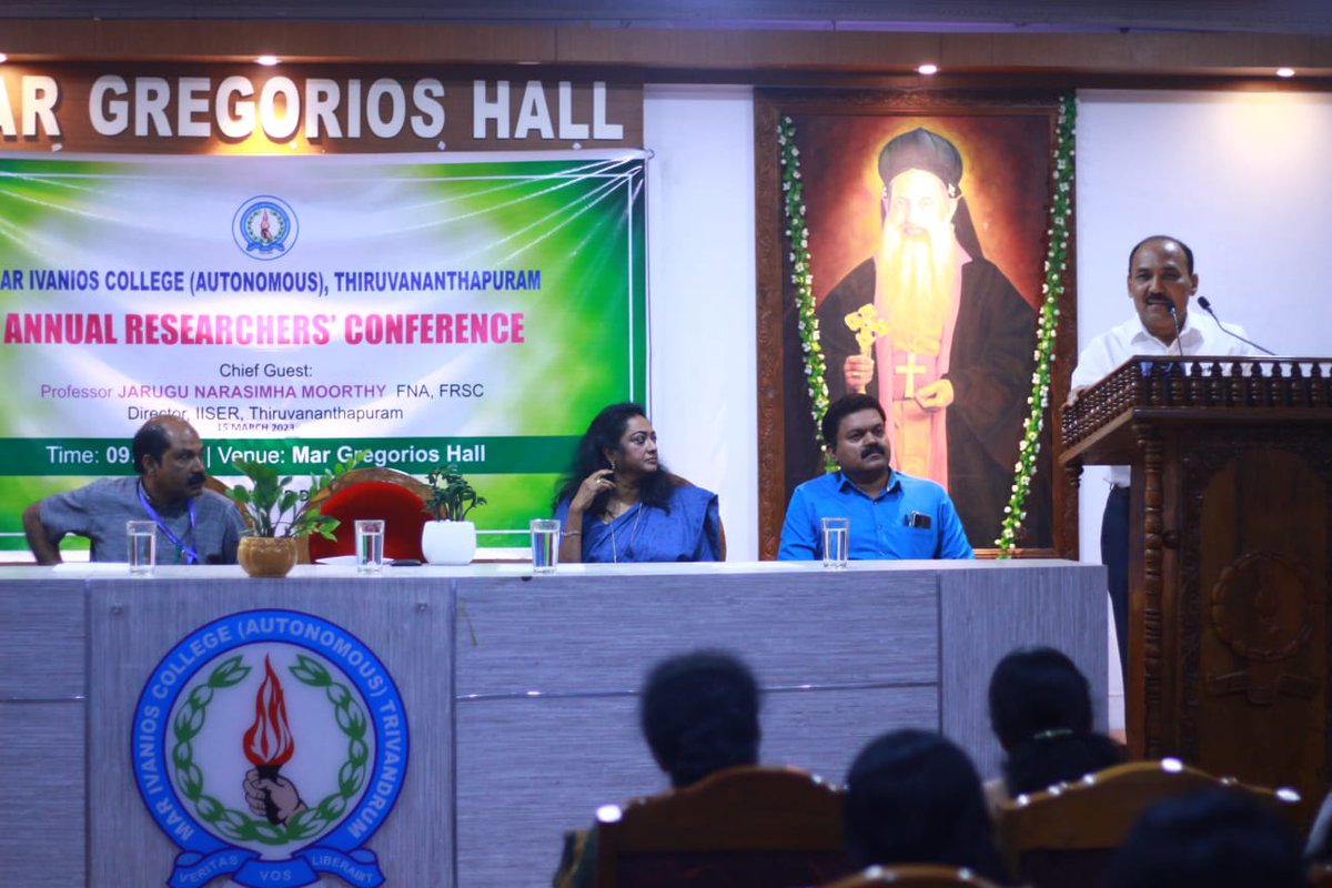 IvaniosMar's tweet photo. Annual Researchers' Conference was held at Mar Ivanios College today, 15th March 2023.
Inaugural lecture was delivered by Prof. J. N. Moorthy, Director, IISER Thiruvananthapuram https://t.co/jUBb3pxgBG