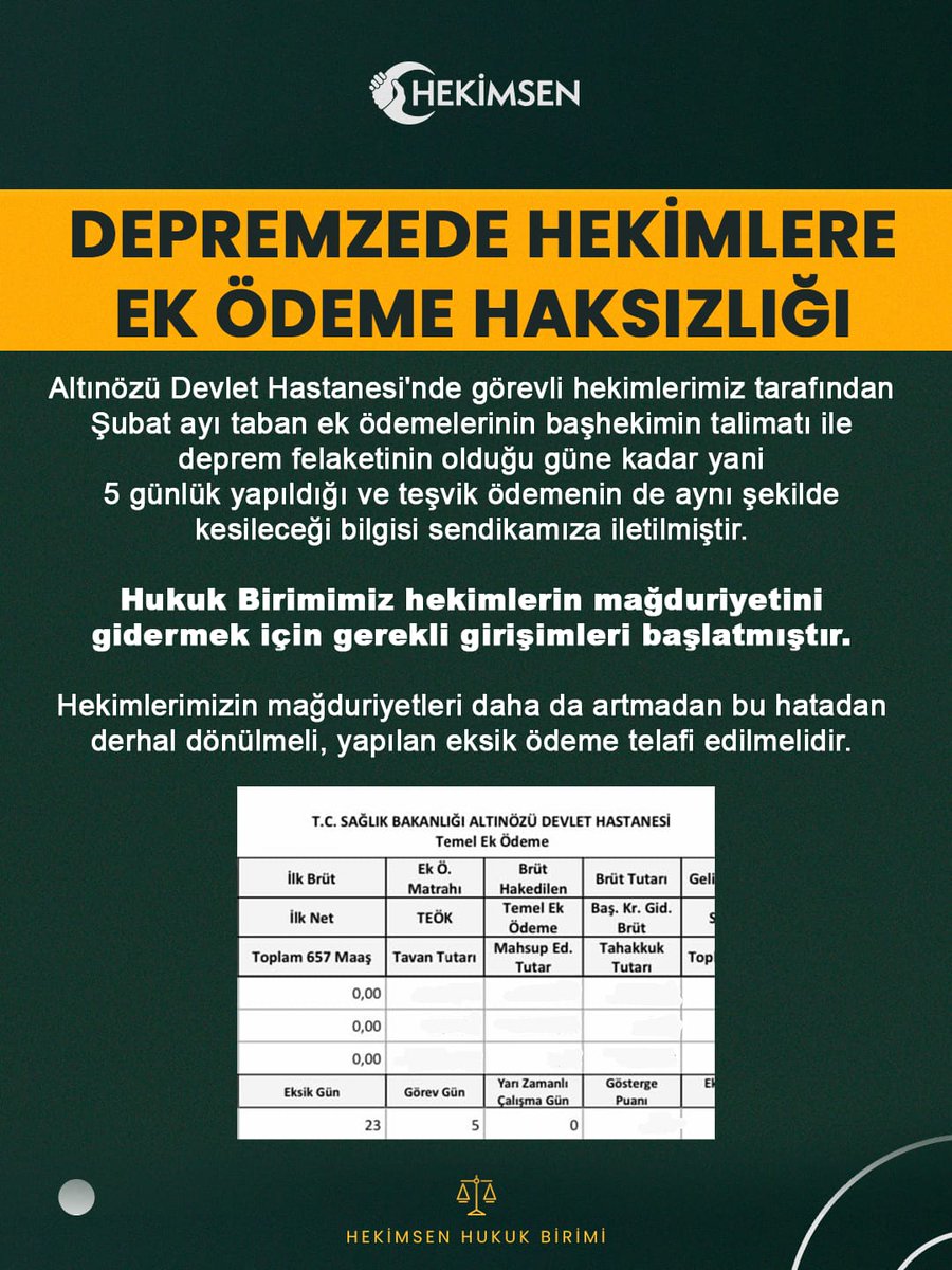Altınözü Devlet Hastanesi'nde görevli hekimlerimiz canları ve malları ile sınanmış, maddi ve manevi yaralar almışken şimdi de Şubat ayı taban ek ödemelerinin eksik yatırılması sureti ile mağdur edilmiştir. Ülkede benzeri olmayan bu hatanın ivedilikle düzeltilmesi gerekmektedir.