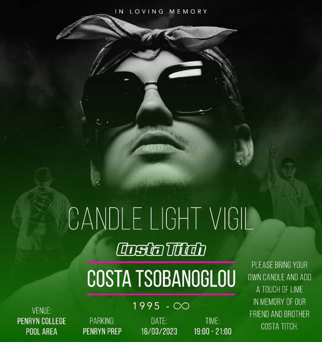 Nelspruit, show love to our boy. One of our own. Night vigil will be at Penryn on the 16th of March #RIPCostaTitch