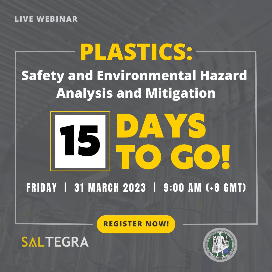 Learn about different topics once you attend the Plastics webinar we are hosting in collaboration with PCAPI on March 31, 2023, at 9:00 AM (+8GMT).

15 days left! 
Register here 👉 bit.ly/3mwLd3I

#SaltegraConsulting #PCAPI #processsafety #webinar #riskmanagement