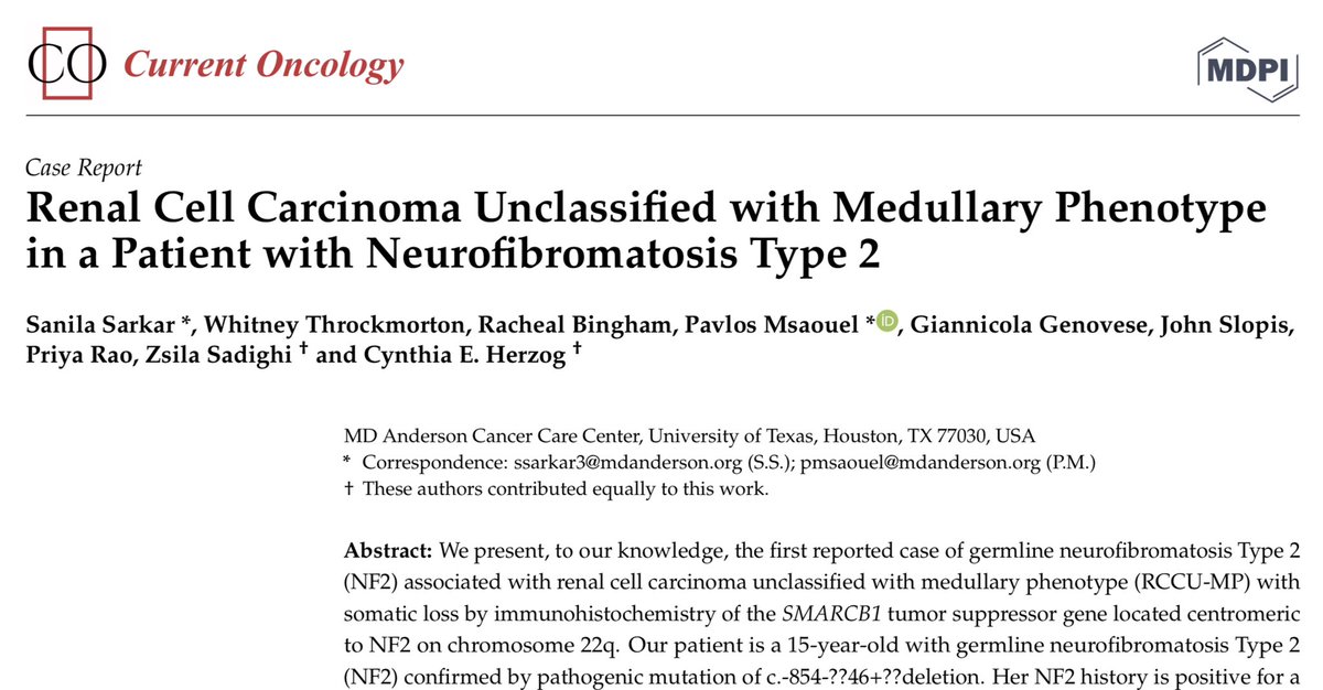 Pavlos Msaouel (@pavlosmsaouel) on Twitter photo We achieved durable complete response in this 1st reported case of germline NF2 mutation associated with #RenalMedullaryCarcinoma. Such unusual scenarios should be in the differential given aggressiveness& distinct management👉mdpi.com/1718-7729/30/3… <a href="/renalmedullary/">Chris Johnson Foundation Inc.</a> <a href="/RMCAwareness/">R.M.C. Inc</a> We achieved durable complete response in this 1st reported case of germline NF2 mutation associated with #RenalMedullaryCarcinoma. Such unusual scenarios should be in the differential given aggressiveness& distinct management👉mdpi.com/1718-7729/30/3… <a href="/renalmedullary/">Chris Johnson Foundation Inc.</a> <a href="/RMCAwareness/">R.M.C. Inc</a>