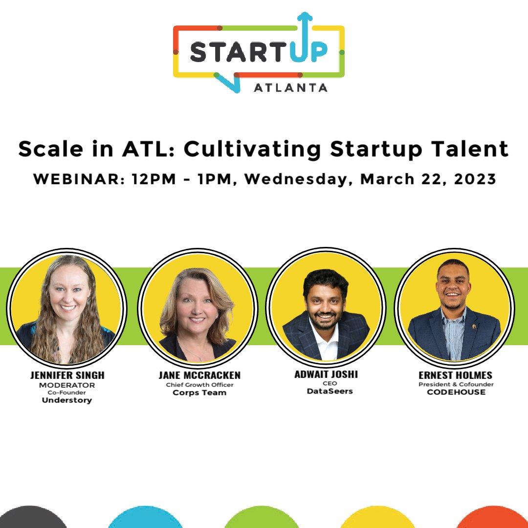 StartupAtlanta's tweet photo. Join us NEXT WEDNESDAY, 3/22 as we discuss the state of startup talent in Atlanta and the local resources that you can tap into to scale your organization.
@Jen_E_Singh, @dataseers, @ErnestHolmes13,
@codehouseorg #atlstartups #startupatlanta #atlantastartup #entrepreneur https://t.co/ox9fzHektw