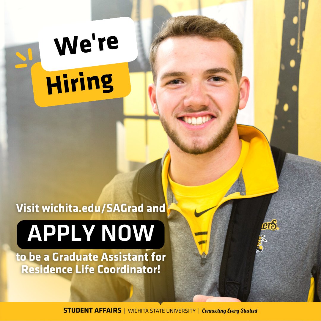 🎓Graduate students, are you ready to work in higher education? Apply to be a Graduate Assistant for Residence Life Coordinator!

Primary duties and application instructions are listed at wichita.edu/SAGrad.