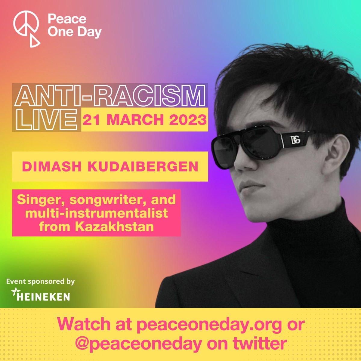 Peace One Day is pleased to announce that Dimash Kudaibergen will be joining us for Anti-Racism Live 21 March 2023. Follow our social media for announcements, and visit peaceoneday.org or @PeaceOneDay on Twitter to watch the broadcast and register for more info.
