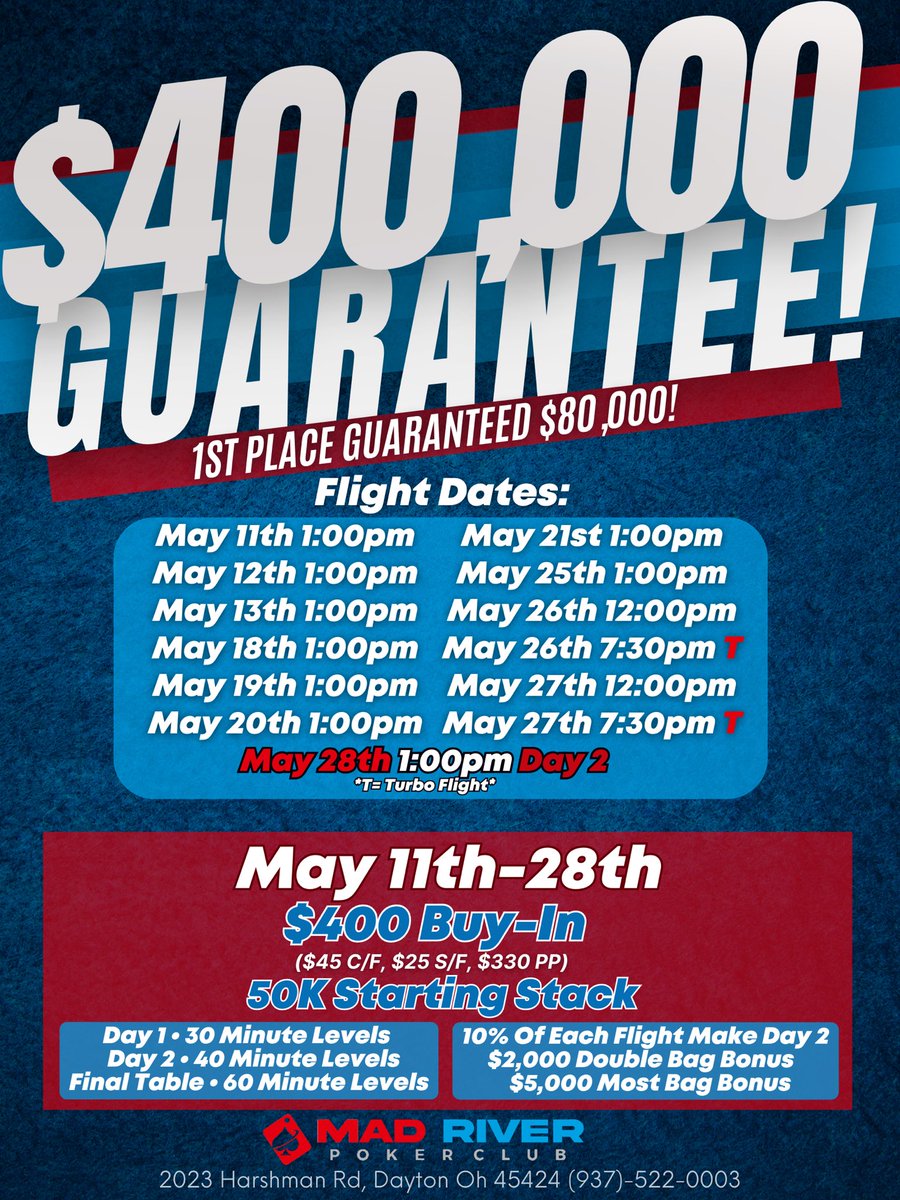 May 11th-28th We’re Hosting A $400,000 Guarantee With $80,000 Guaranteed For First! 🏆 Event Details Listed Below ⬇️

$400 Buy-In ($45 C/F, $25 S/F, $330 PP)
⁃50k Starting Stack ✅
⁃10% Of Each Flight Make Day2️⃣
⁃$2,000 Double Bag Bonus 💰 
⁃$5,000 Most Bag Bonus 🎁
