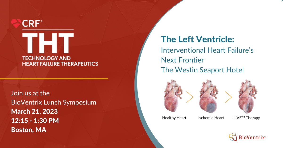 BioVentrix (@bioventrix) on Twitter photo #THT2023 is just days away. Join us at the BioVentrix Lunch Symposium where we'll discuss The Left Ventricle: Interventional Heart Failure's Next Frontier. 
Contact us today to learn more: bit.ly/3JiFBSm. #HeartFailure #InterventionalCardiology #THT2023 is just days away. Join us at the BioVentrix Lunch Symposium where we'll discuss The Left Ventricle: Interventional Heart Failure's Next Frontier. 
Contact us today to learn more: bit.ly/3JiFBSm. #HeartFailure #InterventionalCardiology