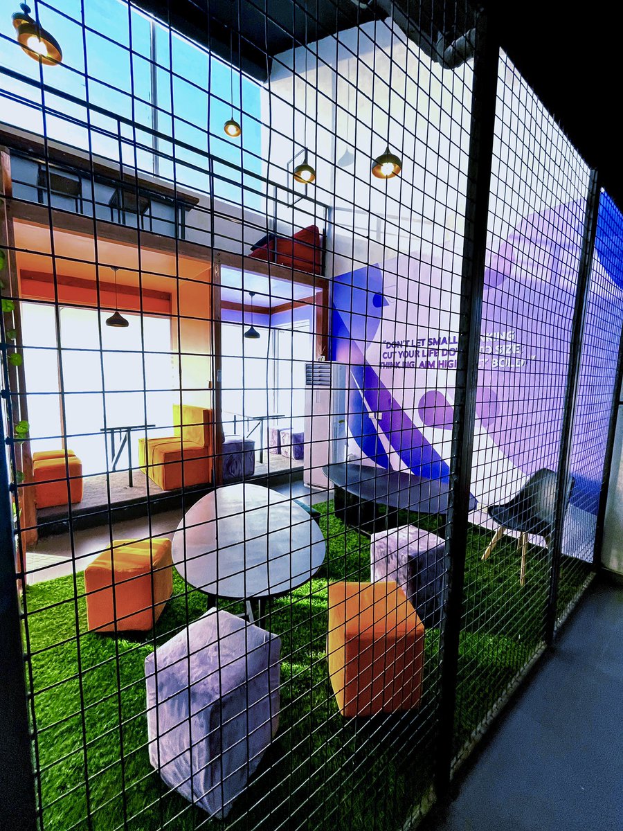 arcpenter's tweet image. Learnt the design rules, then I break them consistently break them. Everyone is hiding under ‘luxury’ lately to create spaces with nature hues and bland colors . 

A tech office space I designed with a loft above and work pods below . Colors are inspired by company brand.