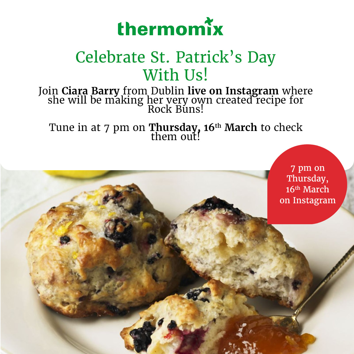 Join us tomorrow night, Thursday 16th March for a very special St. Patricks Day live cooking session with the lovely Ciara! Ciara will be making her own special recipe for an Irish classic, Rock Buns! Head over to our Instagram to check it out at 7 pm!
