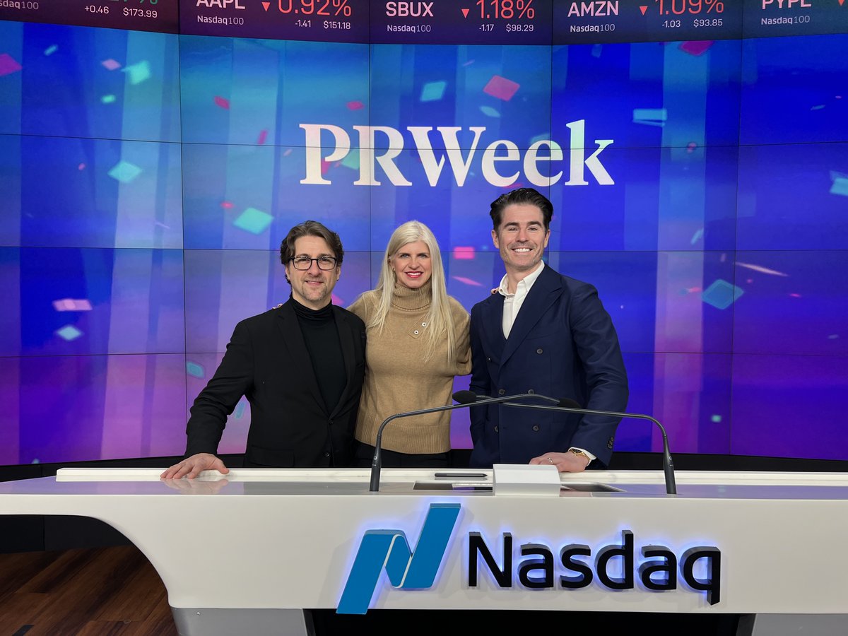 IPR President &amp; CEO <a href="/tmccorkindale/">Tina McCorkindale</a> rang the opening bell at NASDAQ this morning with IPR Trustees <a href="/ethanmcc/">Ethan McCarty</a> CEO of Integral and <a href="/JWMTALENT/">Jamie McLaughlin</a> CEO &amp; Founder of <a href="/monday_talent/">Monday Talent</a>! 🎉 Thanks to <a href="/prweek/">PRWeek</a> for this fun experience!