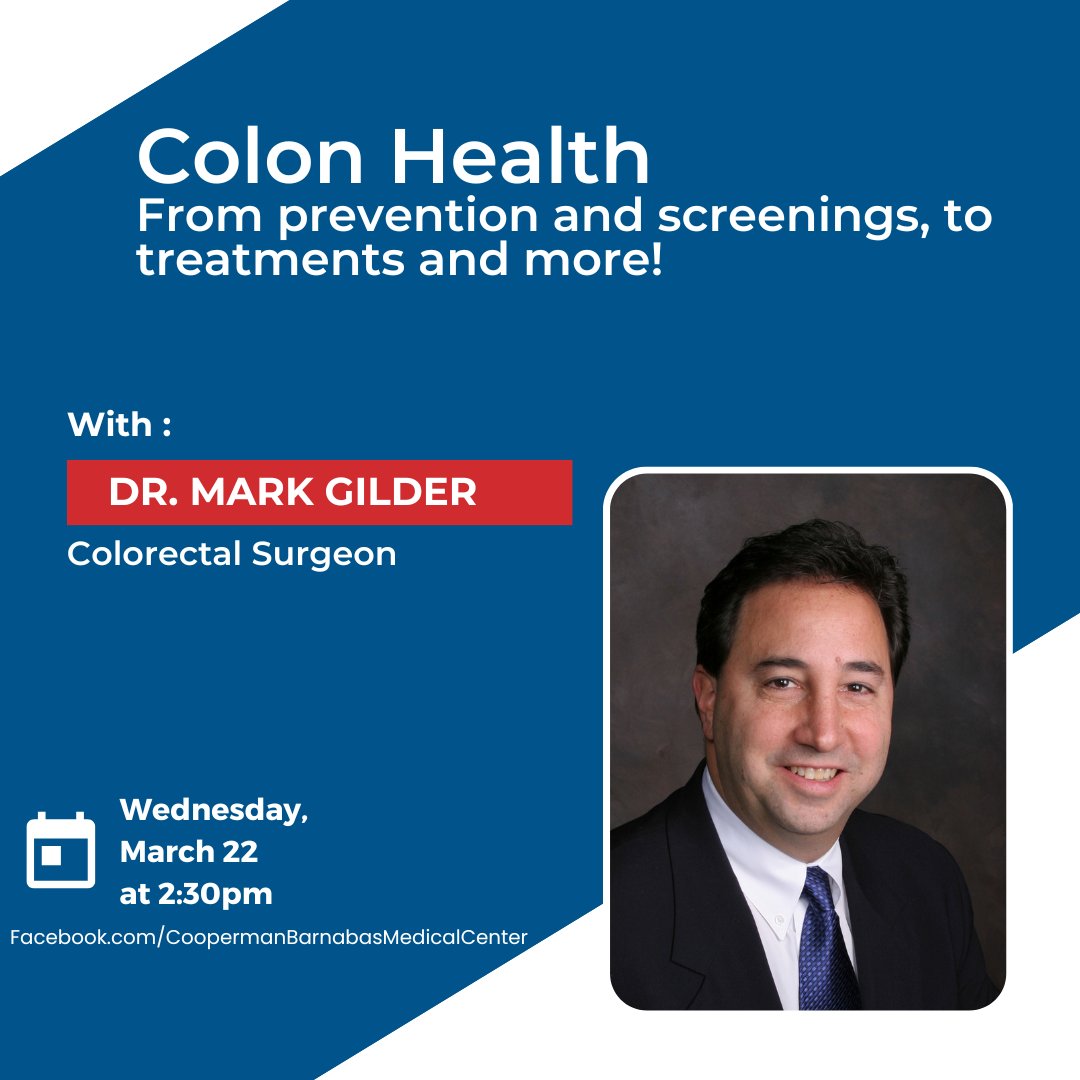 CBMCNJ's tweet photo. Dr. Mark Gilder is joining us #live on #Facebook to discuss all things #colorectalcancer! Don't miss it! 3/22 at 2:30pm. Facebook.CoopermanBarnabasMedicalCenter.
#LetsBeatCancerTogether #colorectalcancer #colonoscopy #colonscreening #prevention #colorectalcancerawarenessmonth https://t.co/zKBHs7szBc