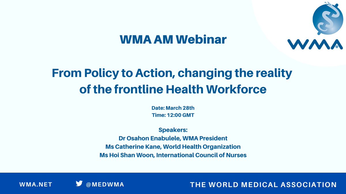 medwma's tweet photo. Leading up to the 5th Global Forum on Human Resources for Health, the WMA Associate Members are organizing a Webinar titled: From Policy to Action, changing the reality of the frontline Health Workforce on March 28th

Register: https://t.co/VGwClfMcwL
@WMAJDN @CalineMattar https://t.co/KvEWE2zBGZ