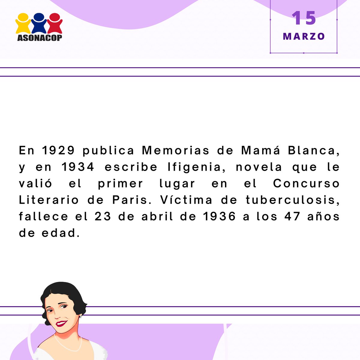 Ana Teresa de la Parra Sanojo, más conocida por su nombre de pluma Teresa de la Parra, fue una escritora y pensadora venezolana. considerada una de las narradoras más destacadas de su época.

#MesDeLaMujer #TodosSomosResponsables