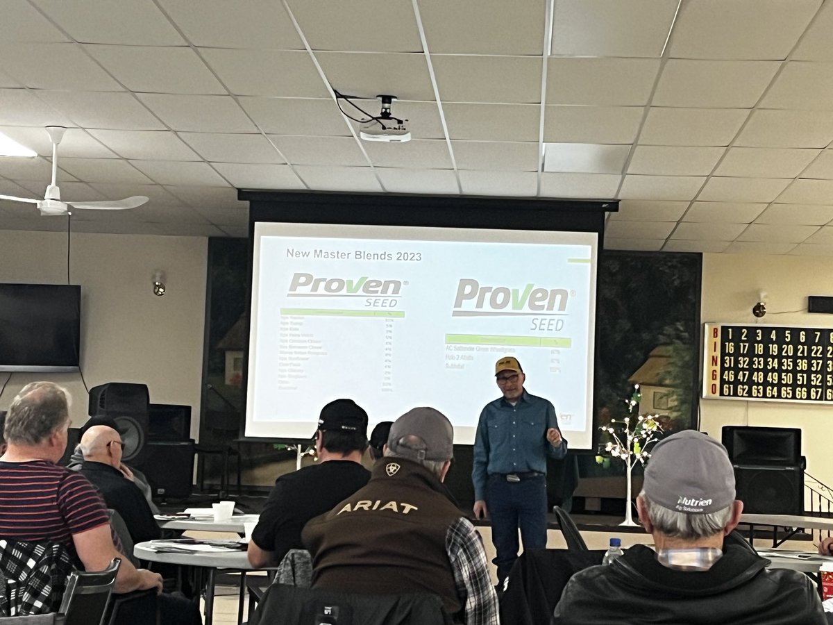 Grower Meeting in Glendon AB. Been presenting with this icon of #ProvenSeed  Forages Perry Ross for 20+ years. ⁦<a href="/ProvenSeed/">Proven Seed</a>⁩ ⁦<a href="/NutrienAgCda/">Nutrien Ag Solutions Canada</a>⁩