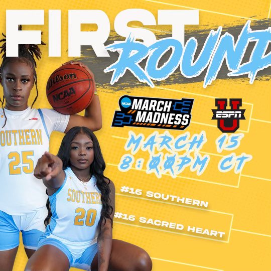 SouthernUsports's tweet photo. 𝔾𝔸𝕄𝔼𝔻𝔸𝕐 | 𝐅𝐢𝐫𝐬𝐭 𝐑𝐨𝐮𝐧𝐝 𝐨𝐟 𝐭𝐡𝐞 𝐍𝐂𝐀𝐀 𝐓𝐨𝐮𝐫𝐧𝐚𝐦𝐞𝐧𝐭. #MarchMadness

🆚 Sacred Heart
🗓️ Wednesday, March 15
⏰ 8 PM CST
📍 Stanford, CA
📺 ESPNU

#ExperienceTheStandard #SouthernIsTheStandard 

#ProwlOn | #GoJags | #WeAreSouthern https://t.co/Z2ScKW7ERZ