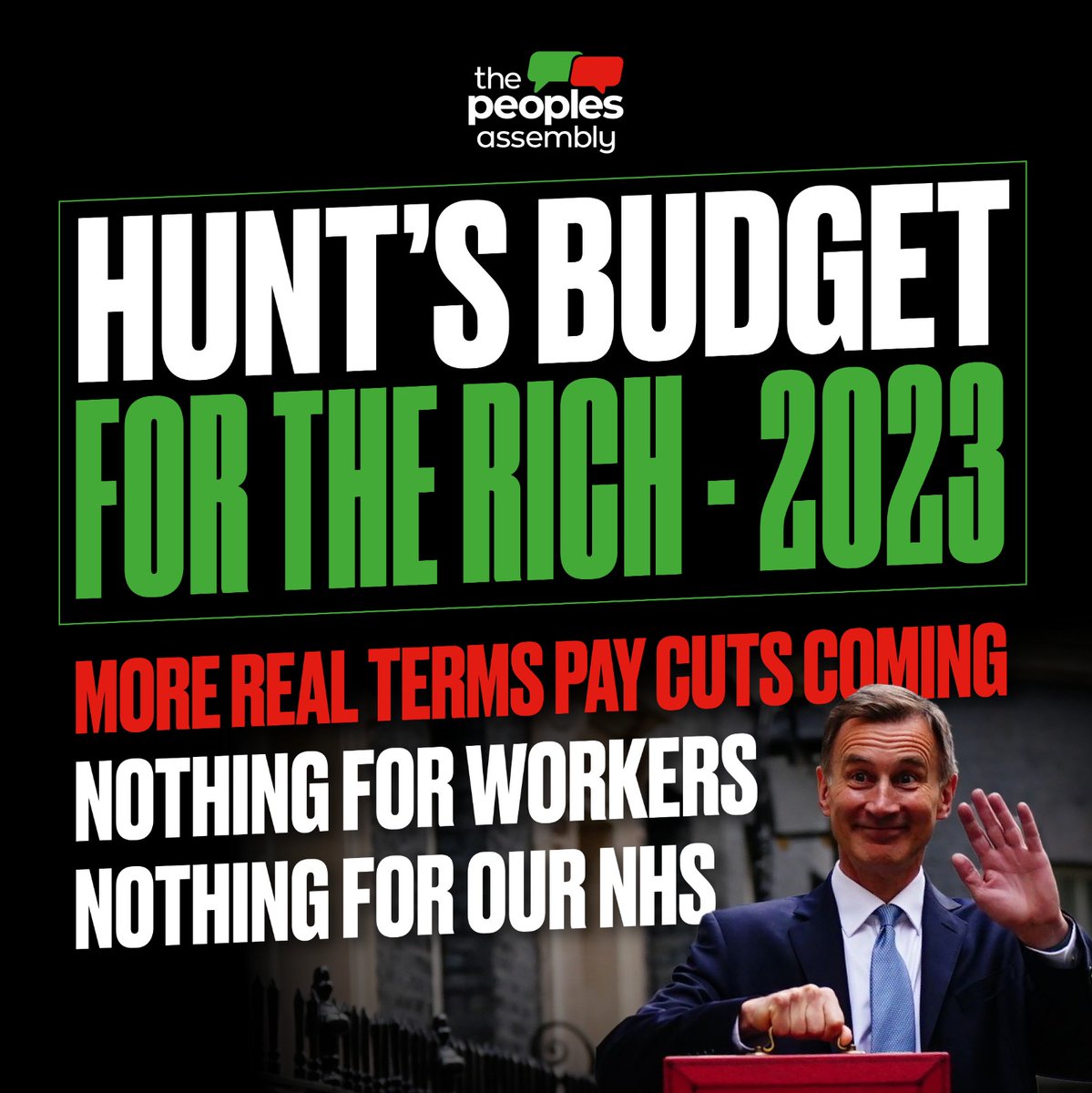 pplsassembly's tweet photo. What's your message to Hunt and his Budget for the rich?
Public services to be cut further, public sector pay won't match inflation. Energy price support removed so your bills will go up in April. But it's ok because big business got tens of billions!

#Budget2023 #SpringBudget https://t.co/UuGVXgAA93