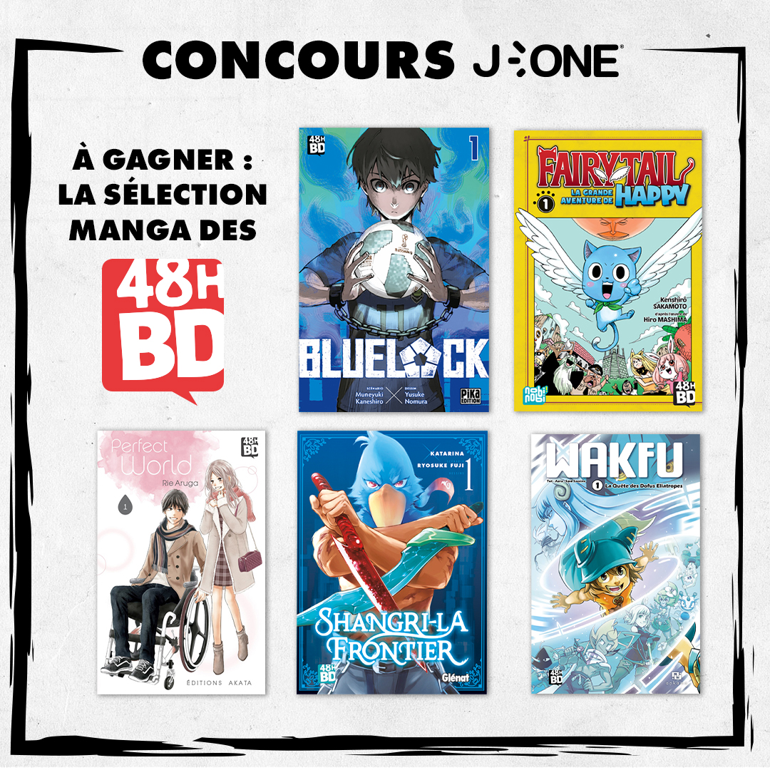 j_onefr's tweet image. RT + Follow pour tenter de gagner la sélection manga des @48H_BD !
(　^ω^） En jeu les tomes 1 de Blue Lock, Shangri-La Frontier, Perfect World, Fairy Tail - La Grande Aventure de Happy et Wakfu !

Fin du concours et tirage au sort des 5 gagnants le 30/03 à 11h ! #Concours #Manga