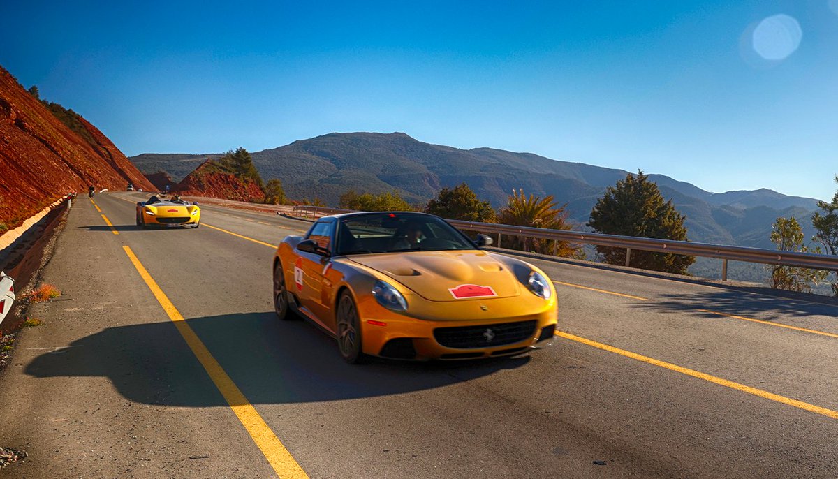 Ferrari's tweet image. The #FerrariCavalcade in #Morocco continues its journey. Here are some of our favourite shots from the second day of this memorable event, which saw some unforgettable Ferrari from all over the world, including a #FerrariOneOff. 
Can you name it? 
#DrivingFerrari #Ferrari