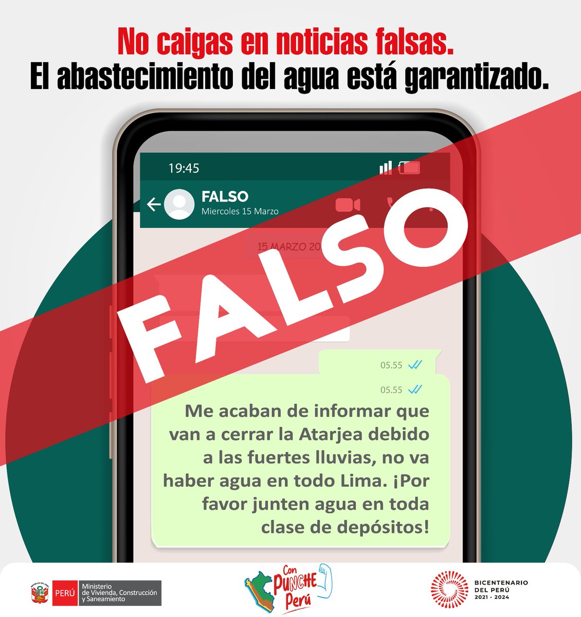 viviendaperu's tweet photo. 🚨¡No caigas en noticias falsas! 
El abastecimiento de agua en Lima y Callao está garantizado. 
✅Consulta nuestros canales oficiales y no difundas información que no esté verificada. https://t.co/lyJXo1hI9M