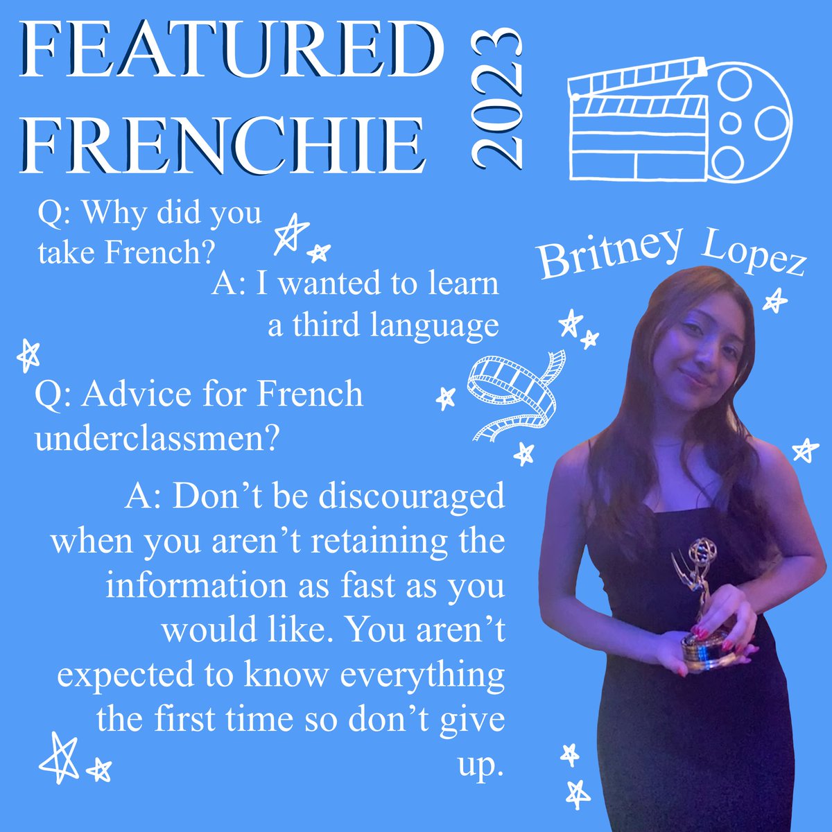 Briggs_Colls's tweet photo. Our next 🤩🤩Featured Frenchie💙💛 is Brit!!! The always sweet and forever kind French 5 student who has been in our French class for the past 5 years! Bonne chance Brit!! https://t.co/ZqPk31rvCE