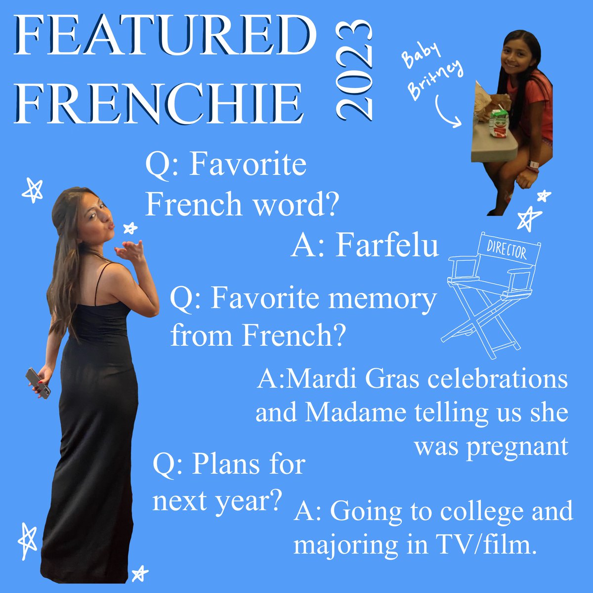 Briggs_Colls's tweet photo. Our next 🤩🤩Featured Frenchie💙💛 is Brit!!! The always sweet and forever kind French 5 student who has been in our French class for the past 5 years! Bonne chance Brit!! https://t.co/ZqPk31rvCE