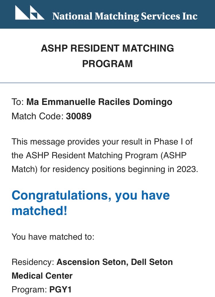 Beyond excited to be a PGY1 resident at the amazing @SetonPharmRes ! Thank you to my mentors and loved ones for supporting me through this entire process - I wouldn’t be here without you! Looking forward to a fantastic year 🥳 #matchday2023 #TwitteRx