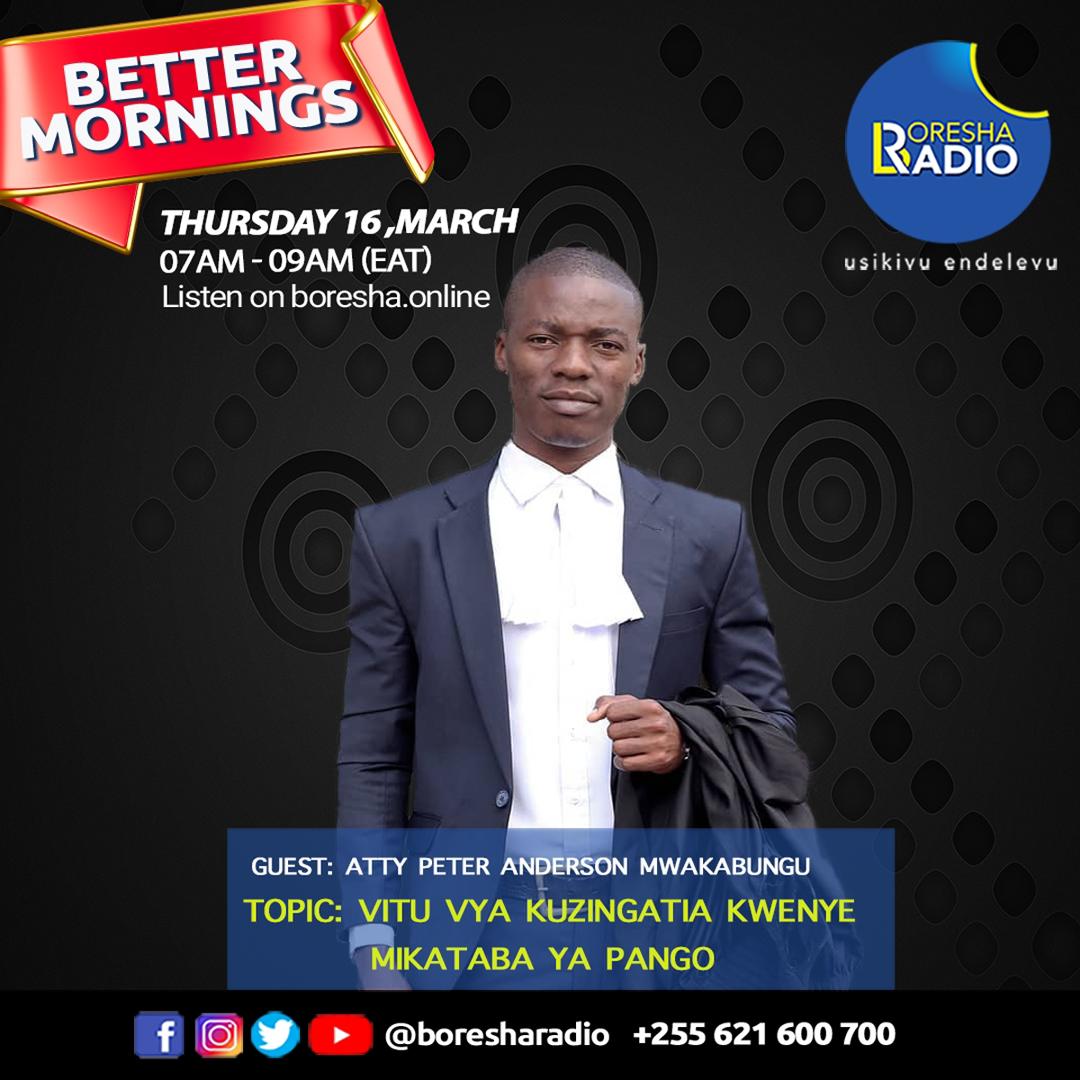 BoreshaRadio's tweet image. #severability #resolution #utilities #validity #juaSheria

Join us Monday - Friday from 7:00am - 9:00am via boresha.online OR
@liveonlineradio @mytuner_radio @radiogarden.it @tunein @radioboxonline 

 #Tanzania #boresharadio #onlineradio #bettermorning  #usikivuendelevu