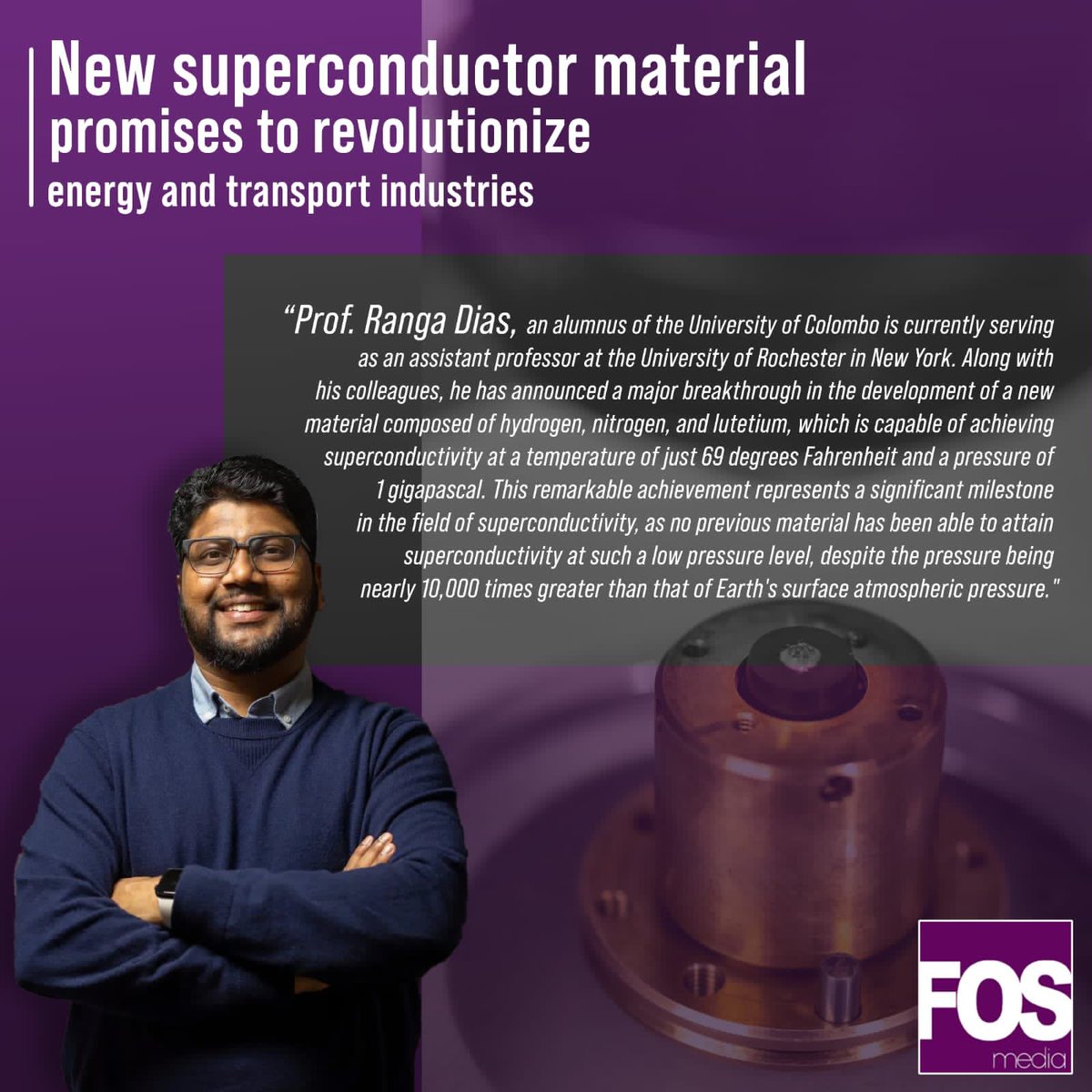FOSMediaR's tweet photo. Behold, a revolutionary breakthrough from the Physicist Prof. Ranga Dias, a proud product of our alma mater, University of Colombo, Faculty of Science. 🎓
Let us congratulate Ranga Dias on his marvelous achievement, and be inspired by his historic discovery! 💯✨
#fosmediar https://t.co/DCeicUsM0X