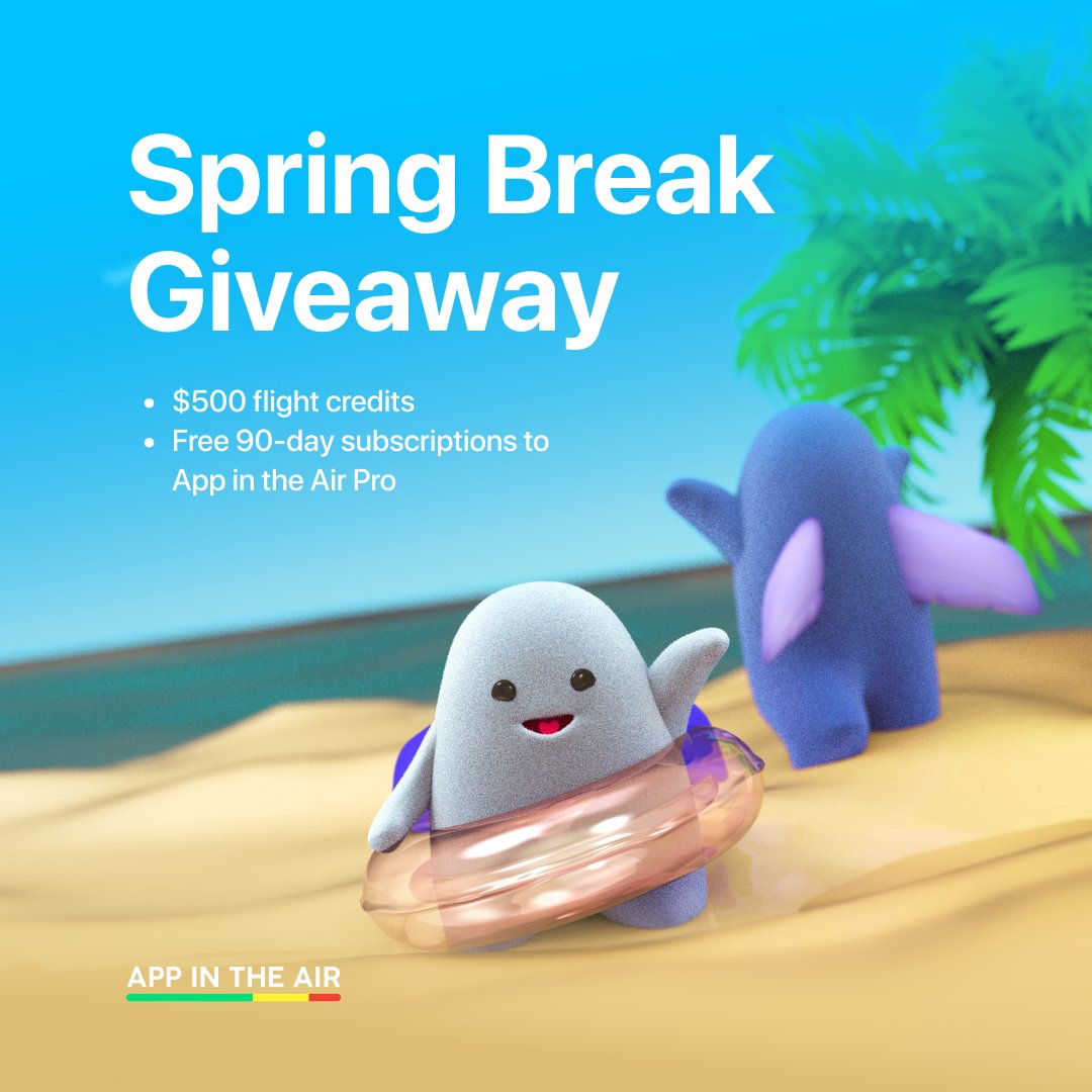 appintheair's tweet photo. Attention #SpringBreakers! Enter for a chance to win $500 in flight credits:⁠
⁠
☀️ Follow @appintheair⁠
☀️ Comment where you're spending Spring Break⁠
☀️ Tag a friend⁠
⁠
Retweet this post for a bonus entry into the #giveaway!

https://t.co/LWixILy1yv https://t.co/QtHVoamKyz
