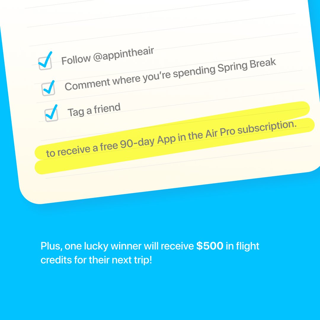 appintheair's tweet photo. Attention #SpringBreakers! Enter for a chance to win $500 in flight credits:⁠
⁠
☀️ Follow @appintheair⁠
☀️ Comment where you're spending Spring Break⁠
☀️ Tag a friend⁠
⁠
Retweet this post for a bonus entry into the #giveaway!

https://t.co/LWixILy1yv https://t.co/QtHVoamKyz