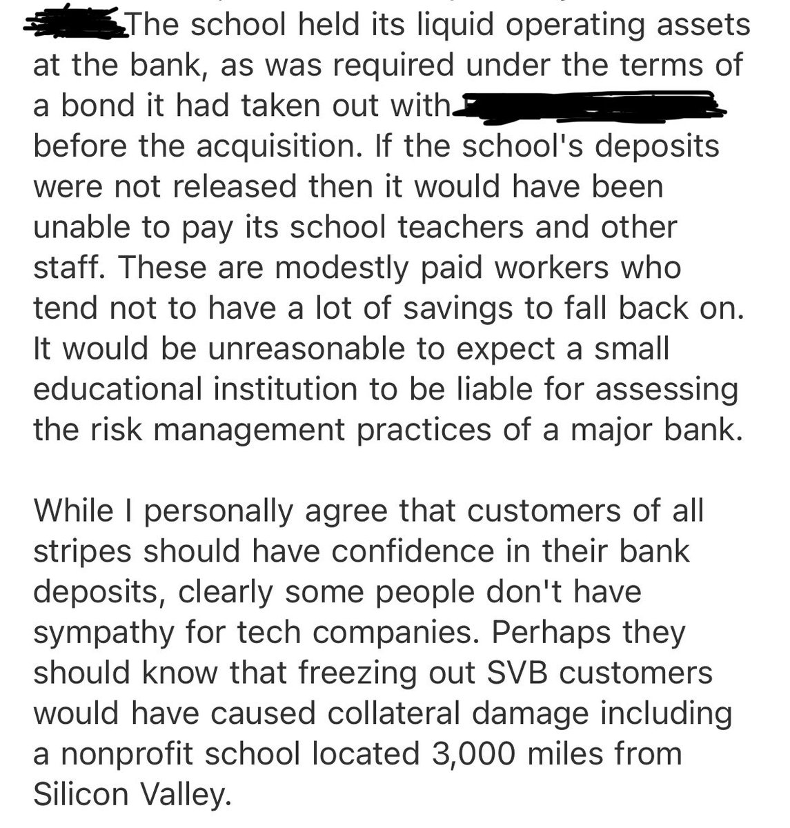 A small non-profit school far from Silicon Valley reached out to tell me that they are an SVB customer. If they hadn’t gotten access to their funds, teachers would have been laid off. These are the kind of innocent bystanders you create if you don’t protect deposits.