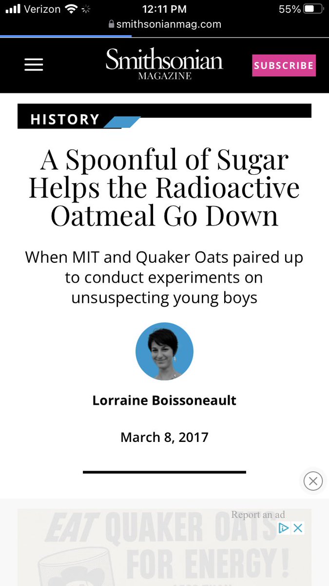 HuntClancy's tweet photo. In the 1940’s &amp; 1950’s @MIT researchers working with @Quaker Oats fed developmentally disabled students at the Massachusetts School for the Feeble Minded radioactive ☢️ Quaker Oats as part of an atomic energy commission study; the USG apologized in 1995

https://t.co/Pz4defADhB https://t.co/Py6NAMLP7h
