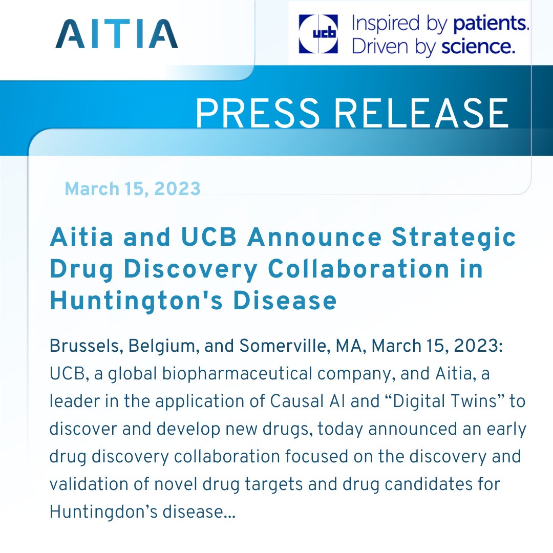 Aitiabio's tweet photo. We are delighted to announce our latest strategic drug discovery collaboration with @ucb_news, focused on the discovery and validation of novel #drugtargets and #drugcandidates for #Huntingtonsdisease
 
More about this announcement: https://t.co/FrkzkerZNa https://t.co/slVc9b68rM