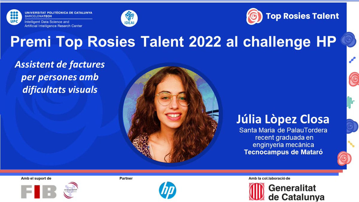 KarinagibertK's tweet photo. #JulialopezClosa guanyadora del challenge #topRosiesTalent  HP @HPEspana en la 2a edició del programa

Moltes felicitats Júlia! 
#donesIDEAI @ideai @TecnoCampus
@fib_upc
@la_UPC @DFS_MWC @cisco_spain  @casio @tic https://t.co/wMVVoJADxW