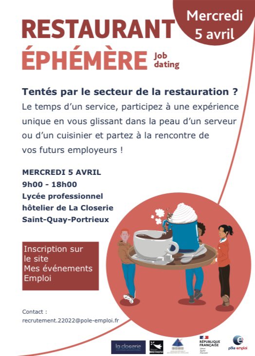 🗓️le 5 Avril 🧑‍🍳Cuisine éphémère🧑‍🍳 Déroulé ➡️des candidats serveurs ou cuisiniers à la conception d’1 menu et/ou service d’entreprises « cobayes »AuLycée La closerie de Saint Quay. 👉mesevenementsemploi.pole-emploi.fr/mes-evenements…
Le Parrain: Nicolas Adam @Pole_Emploi_BZH <a href="/UMIH22/">UMIH 22</a>  <a href="/regionbretagne/">Région Bretagne</a>