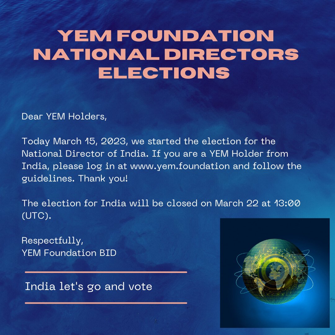 YEMBlockchain's tweet photo. Indians, it is your time to vote.

Login here to vote now https://t.co/kNDXmeGH01 

Not a YEM Holder yet? Bag your free YEM worth $10 by joining our member-driven global community here https://t.co/gyTqD5w19K

#YEM #YEMFoundation #India #YEMConomy #UnicornNetwork #NewDelhi https://t.co/4wANRoZrMj