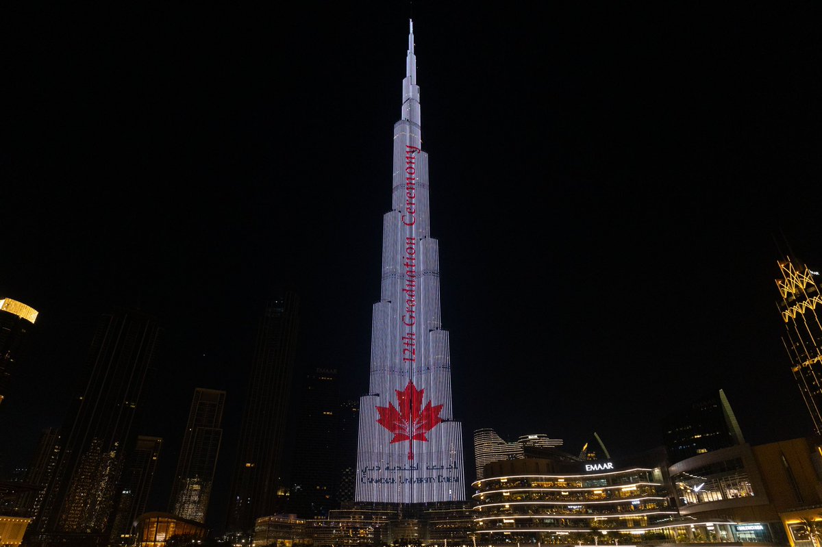 CUDUAE's tweet photo. 🌟 Canadian University Dubai’s Honourable Legacy Recognized on the Burj Khalifa! 🌟
We are extremely honoured to have our university showcased on the iconic Burj Khalifa during the 12th Graduation Ceremony at Dubai Opera on March 14th, 2023.
#CUDGRAD #CUDubai #burjkhalifa https://t.co/woF85dOq40