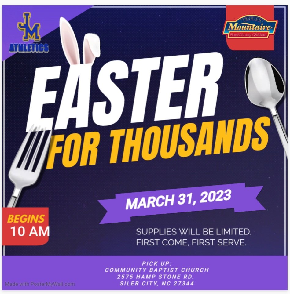 JJetsfb's tweet photo. Attention: Easter For Thousands will be held on Friday at 10am. Location has changed. Pick up will be at Community Baptist Church, located on 2575 Hamp Stone Road, Siler City. https://t.co/t3xTkgbAKP