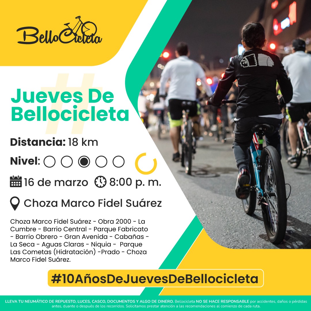 Mañana es #JuevesDeBellocicleta un evento de ciudad que lleva 10 años poniendo a rodar a los bellanitas, contale a tus amigos que nos vemos todos los jueves a las 8 p.m. en la Choza Marco Fidel Suárez. <a href="/El_Bellanita/">El Bellanita</a>