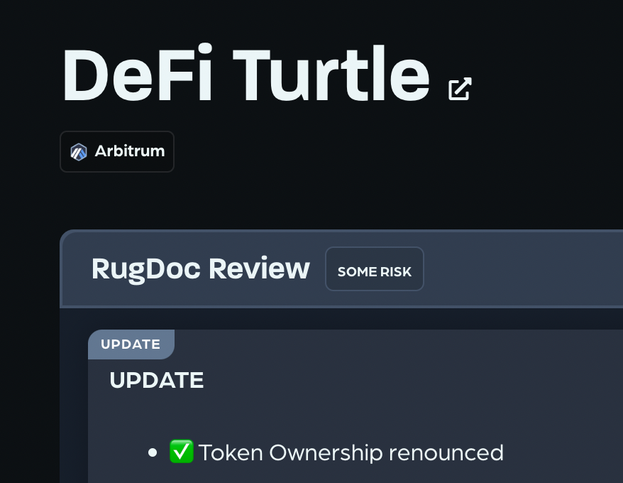 defi_turtle's tweet photo. Thank for the review @RugDocIO, we appreciate the immediate response in the chat.

Keep building #Arbinauts #Arbitrum 

@arbitrum @ArbitrumNewsDAO @ArbitrumDegens @ArbitrumDailyTK @CoinSurveyor @Definews_Info 
#Arbitrumgem #Arbitrum_World #ArbitrumNFTs #BTC #ETH #SOL #AVAX https://t.co/tjqFwK7JLz