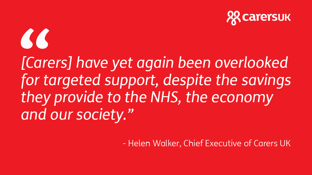 Today’s #SpringStatement does little to address the huge challenges unpaid carers are facing.

The government has once again overlooked unpaid carers for targeted financial support &amp; there was no additional funding for social care.

This can’t continue. Carers need more support🧵