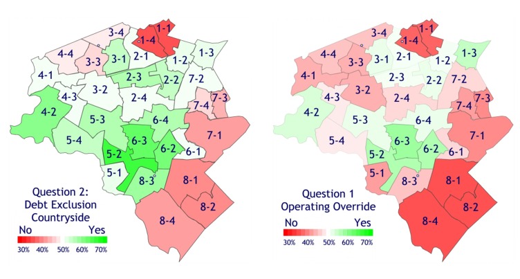Shades of green and red -- a more subtle understanding of how #newtonma voted on the proposed debt exclusions (Yes) and override (No).  figcitynews.com/2023/03/debt-e…