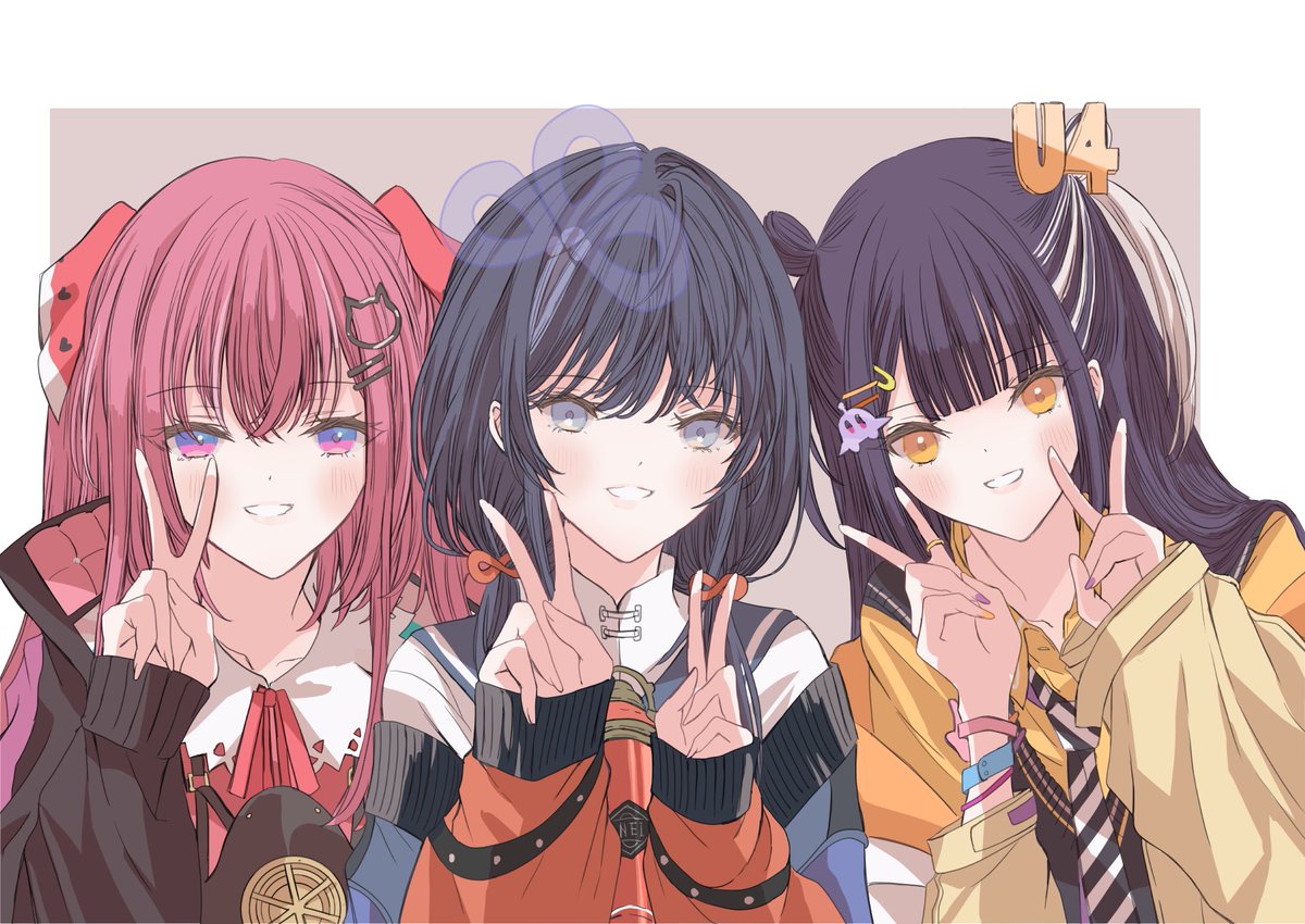multiple girls 3girls black hair v pink hair smile twintails  illustration images