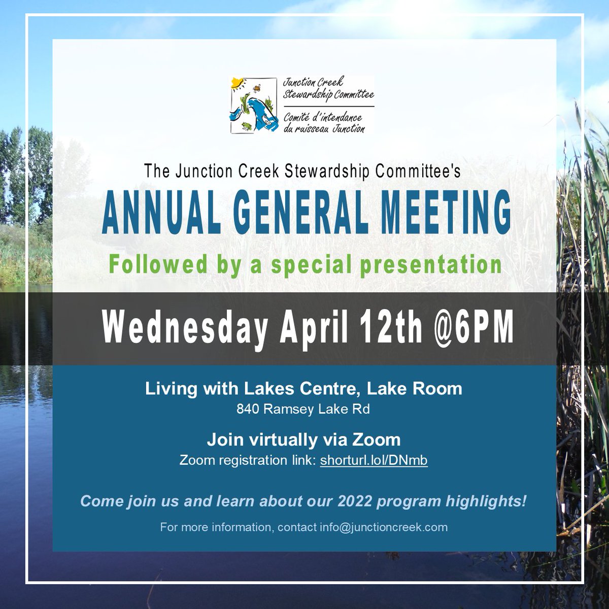 The Junction Creek Stewardship Committee's Annual General Meeting is on Wednesday, April 12th at 6:00pm followed by a special presentation. Everyone is welcome! 

Interested in attending the event virtually, register here: shorturl.lol/DNmb